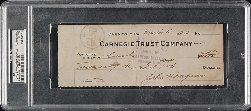 1920 Honus Wagner Twice-Signed Check - PSA/DNA