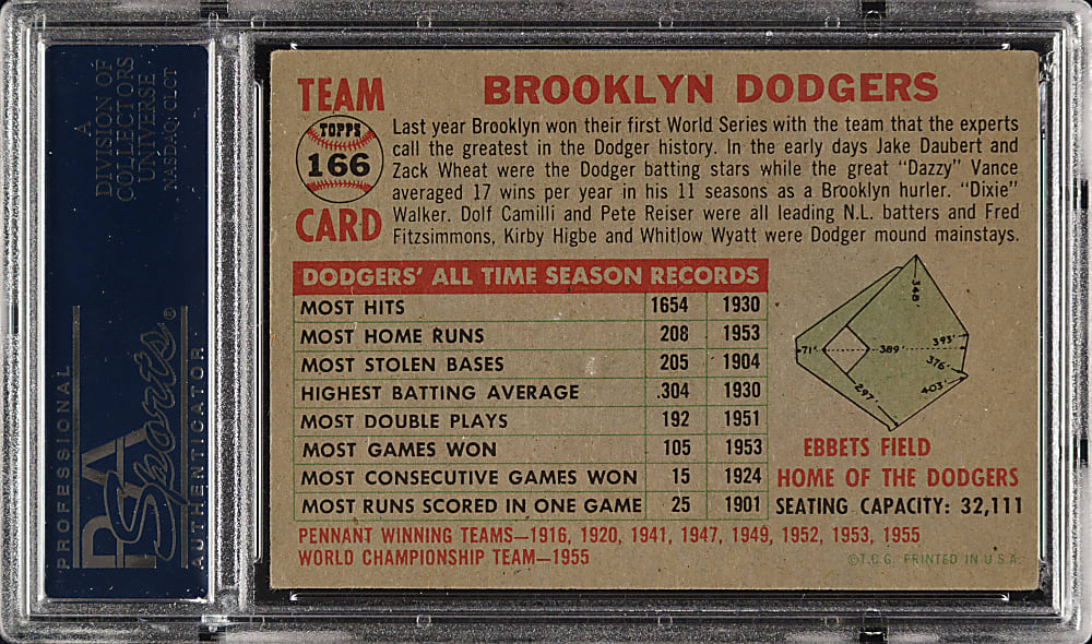 1956 Topps #166 Brooklyn Dodgers Team Gray Back PSA VG-EX 4