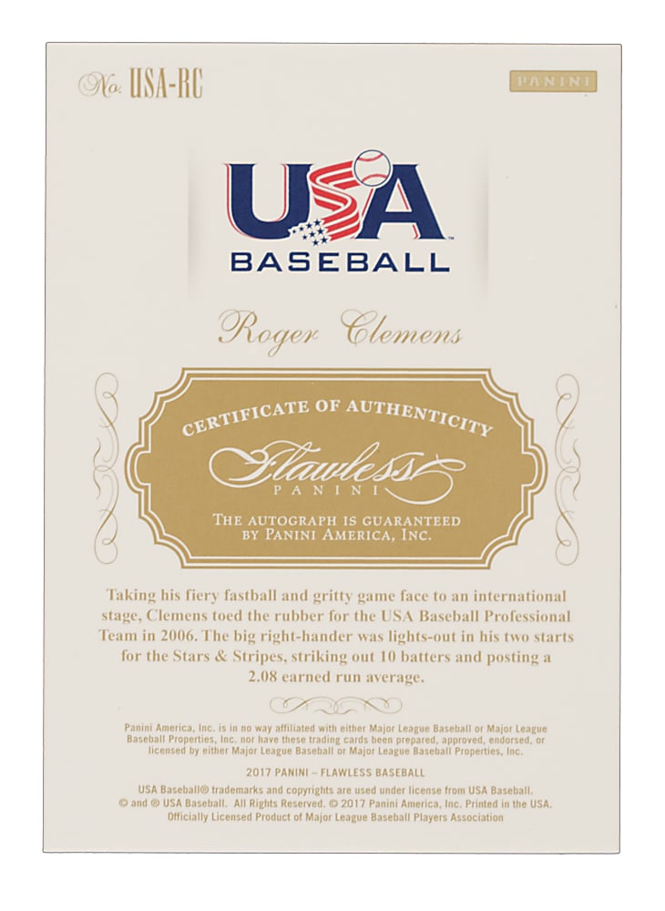 2017 Panini Flawless USA Baseball Signatures #USA-RC Roger Clemens Ruby #3/10