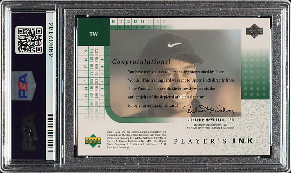 2001 Upper Deck Player's Ink Golf #TW Tiger Woods Rookie PSA/DNA MINT 9