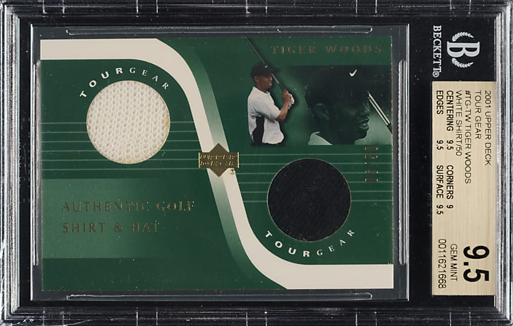 2001 Upper Deck Golf Tour Gear-Shirt & Hat #TG-TW Tiger Woods Rookie #6/50 BGS GEM MINT 9.5
