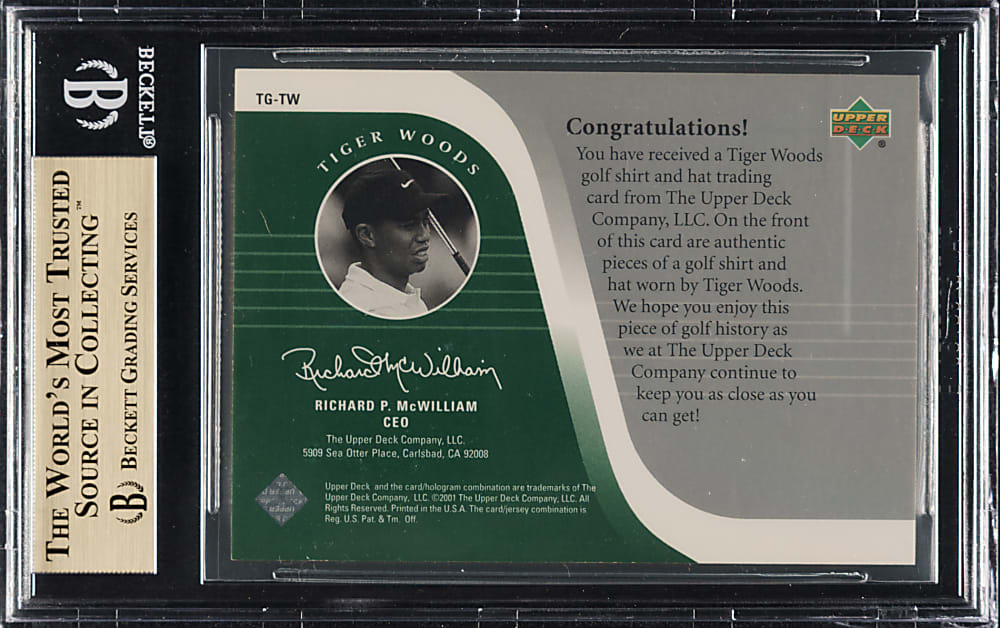 2001 Upper Deck Golf Tour Gear-Shirt & Hat #TG-TW Tiger Woods Rookie #6/50 BGS GEM MINT 9.5