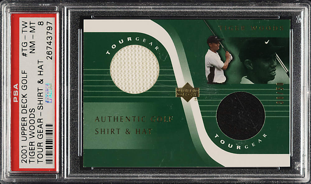 2001 Upper Deck Golf Tour Gear-Shirt & Hat #TG-TW Tiger Woods Rookie #38/50 PSA NM-MT 8