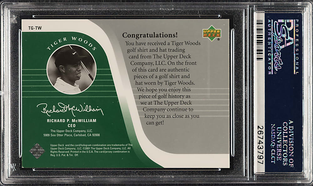 2001 Upper Deck Golf Tour Gear-Shirt & Hat #TG-TW Tiger Woods Rookie #38/50 PSA NM-MT 8