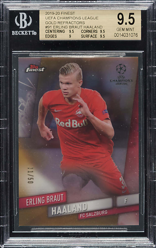 2019-2020 Topps Finest Soccer UEFA Champions League #91 Erling Braut Haaland Rookie Gold Refractor #11/50 BGS GEM MINT 9.5