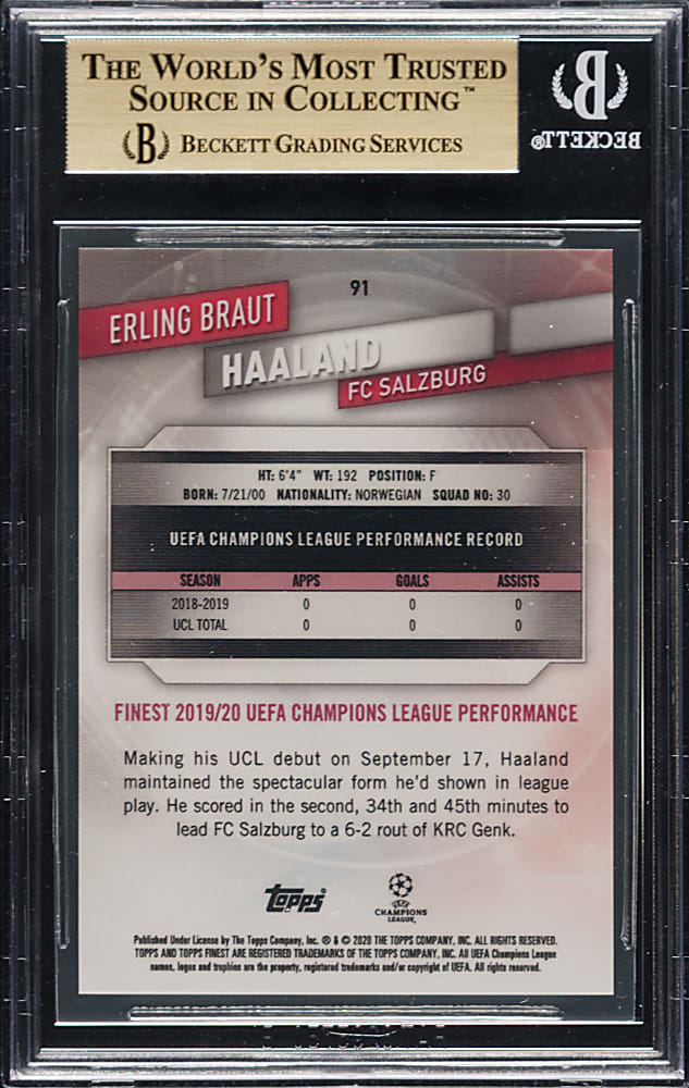2019-2020 Topps Finest Soccer UEFA Champions League #91 Erling Braut Haaland Rookie Gold Refractor #11/50 BGS GEM MINT 9.5