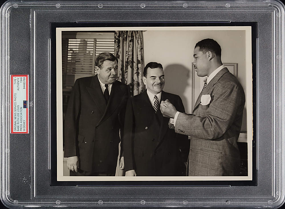 1946 Babe Ruth and Joe Louis with Thomas Dewey Original Press Association Photograph PSA/DNA Type I