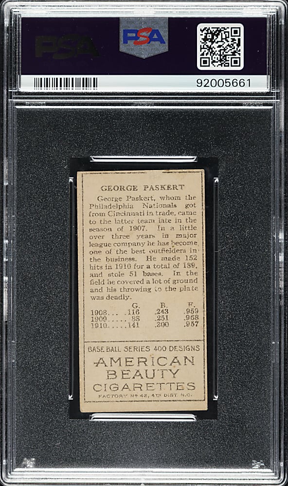 1911 T205 Gold Border George Paskert PSA VG-EX 4 - American Beauty Back