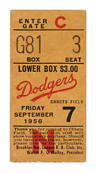 September 7, 1956 Brooklyn Dodgers (vs. New York Giants) Ticket Stub - Jackie Robinson Career Hit #1500 and Willie Mays Home Runs #144 and 145