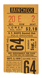 September 2, 1956 New York Giants (vs. Brooklyn Dodgers) Ticket Stub - Jackie Robinson Career Home Run #136 (Second To Last)