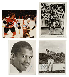 Football, Basketball, Golf, and Hockey Signed Postcard, Index Card, and Photograph Collection (76) Including Mikan, A. Palmer, and Unitas