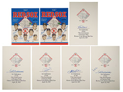 1987 Boston Red Sox 75th Anniversary Signed Program and Tri-Fold Poster Collection (7) Including Ted Williams, Carl Yastrzemski, and Roger Clemens