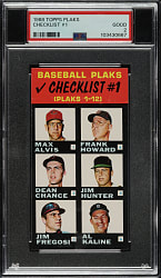 1968 Topps Plaks Checklist #1 American League Including Kaline, Killebrew, Mantle, and Yastrzemski PSA GOOD 2