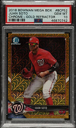 2018 Bowman Mega Box Chrome #BCP52 Juan Soto Gold Refractor #31/50 PSA GEM MINT 10