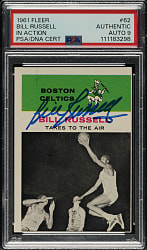 Signed 1961-1962 Fleer Basketball #62 Bill Russell In Action PSA/DNA MINT 9