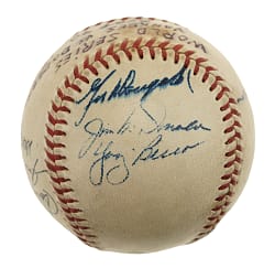 1953 New York Yankees (vs. Brooklyn Dodgers) World Series Game 1 Signed Game-Used Baseball with Jackie Robinson, Mickey Mantle, and Jack Dempsey - PSA/DNA, Beckett, and MEARS