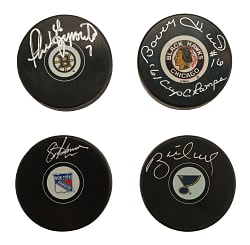 Hall of Fame and Stars Signed Hockey Puck Collection (17) Including Eric Lindros, Phil Esposito, and Bobby Hull