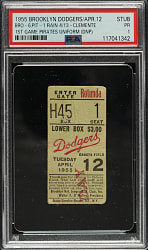 April 12, 1955 Brooklyn Dodgers (vs. Pittsburgh Pirates) Ticket Stub PSA POOR 1 - Roberto Clemente First Game in Pirates Uniform