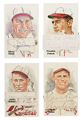 Signed Perez-Steele Hall of Fame Postcard Collection (12) Including Cut Signatures of Dean, Frisch, and Sisler