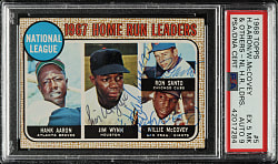 Signed 1968 Topps #5 NL Home Run Leaders with Aaron, Santo, J. Wynn, and McCovey PSA EX 5 (MK) with MINT 9 Signature