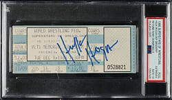 1986 Superstars of Wrestling Full Ticket Signed by Hulk Hogan PSA/DNA GEM MINT 10 - Hulk Hogan Defeated Paul Orndorff WWF Champion