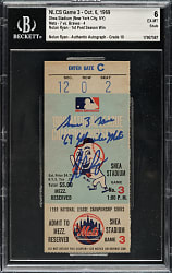 October 6, 1969 New York Mets (vs. Atlanta Braves) NLCS Game 3 Ticket Stub Signed by Nolan Ryan with Multiple Inscriptions BGS EX-MT 6 with GEM MINT 10 Signature - Nolan Ryan First Post Season Win