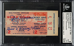 October 12, 1969 Baltimore Orioles (vs. New York Mets) World Series Game 2 Ticket Stub Signed by Jerry Koosman with Inscription BGS EX-MT 6 with GEM MINT 10 Signature - Jerry Koosman First World Series Win
