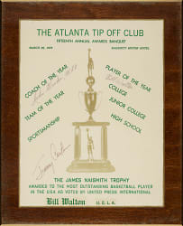 1972 The Atlanta Tip Off Club Banquet "The James Naismith Trophy" Award Program Cover Signed by Bill Walton, John Wooden, and Jimmy Carter - JSA
