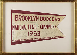 1953 Brooklyn Dodgers National League Champions Team-Signed "United States Defense Bonds" Advertising Pennant with Jackie Robinson, Roy Campanella, and Gil Hodges - PSA/DNA and Beckett