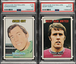1970 A & BC Footballers Soccer #114 Geoff Hurst PSA NM-MT 8 and #143 Gordon Banks PSA NM 7