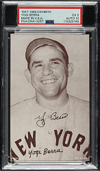 Signed 1947-1966 Exhibits Yogi Berra Made In USA Right Corner PSA EX 5 with GEM MINT 10 Signature