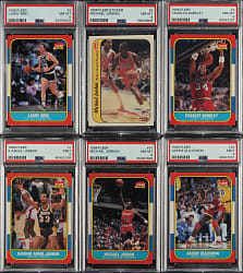 1986-1987 Fleer Basketball PSA-Graded Complete Set (132) with #57 Michael Jordan Rookie NM-MT 8 Plus Complete Sticker Set (11)
