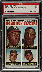 1964 Topps #9 NL Home Run Leaders with Hank Aaron, Willie Mays, Willie McCovey, and Orlando Cepeda PSA NM 7