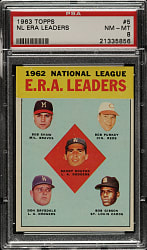 1963 Topps #5 NL ERA Leaders with Sandy Koufax, Don Drysdale, and Bob Gibson PSA NM-MT 8