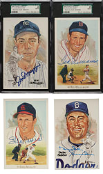 Signed 1980 to 1989 Perez-Steele Hall of Fame Postcard Collection (4): Ted Williams, Duke Snider, Stan Musial and Joe DiMaggio