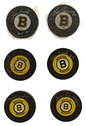 Boston Bruins Hall of Famers and Stars Signed Hockey Puck Collection (6)