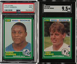 1989 Score Football #257 Barry Sanders and #270 Troy Aikman Rookies PSA- and SGC-Graded Pair