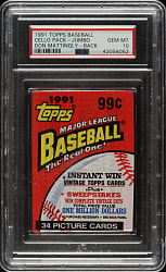 1991 Topps Unopened Jumbo Cello Pack PSA GEM MINT 10 - Don Mattingly on Back