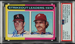 Signed 1975 Topps #312 Strikeout Leaders with Nolan Ryan and Steve Carlton PSA EX-MT 6 with GEM MINT 10 Signature