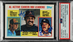 Signed 1984 Topps #713 AL RBI Leaders with Ted Simmons, Reggie Jackson and Craig Nettles PSA NM-MT 8 with GEM MINT 10 Signatures