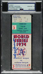 Reggie Jackson Signed 1974 Oakland Athletics (vs. Los Angeles Dodgers) World Series Game 3 Full Ticket PSA/DNA GEM MINT 10
