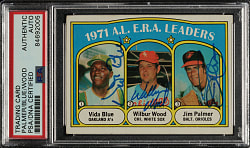 Signed 1972 Topps #92 AL ERA Leaders with Jim Palmer, Wilbur Wood and Vida Blue - PSA/DNA