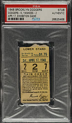 April 17, 1948 Brooklyn Dodgers (vs. New York Yankees) Exhibition Game Ticket Stub PSA Authentic