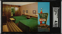 1959 Mickey Mantle's Holiday Inn Postcard Motel Room and Sign SGC VG/EX+ 4.5