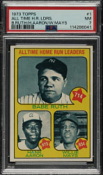 1973 Topps #1 All Time Home Run Leaders with Hank Aaron, Willie Mays, and Babe Ruth PSA NM 7