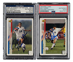 Signed 1994 Upper Deck World Cup English/Spanish Soccer #268 Mia Hamm and #272 Joy Fawcett Pair - PSA/DNA