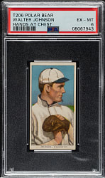 Lot # 11: 1909-1911 T206 White Border Walter Johnson Hands at Chest PSA EX-MT 6 - Polar Bear Back - 1 of 3 - Highest Graded!