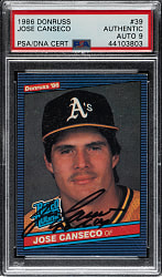 Signed 1986 Donruss #39 Jose Canseco Rookie PSA/DNA MINT 9