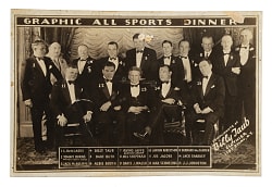 1932 Billy Taub World's Heavyweight Championship Graphic All Sports Dinner Postcard with Babe Ruth, Max Schmeling, and Jack Sharkey