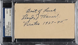 Lloyd Waner Signed Index Card PSA/DNA MINT 9